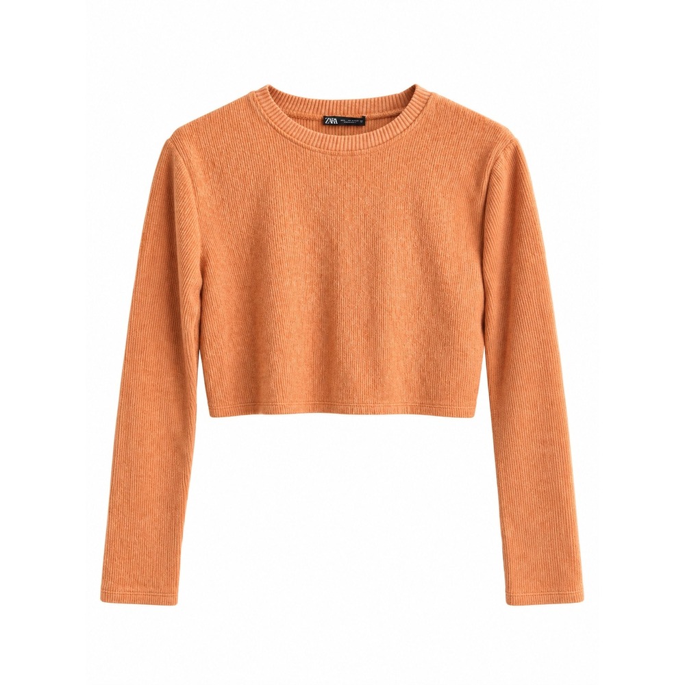 Zara Women's Orange Ribbed Cropped Long Sleeve Top Size S